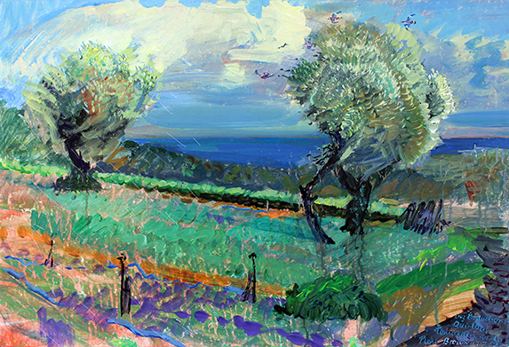 ‘OLIVE TREES IN A PROVENCAL VIOLET FIELD: MARCH GALE‘